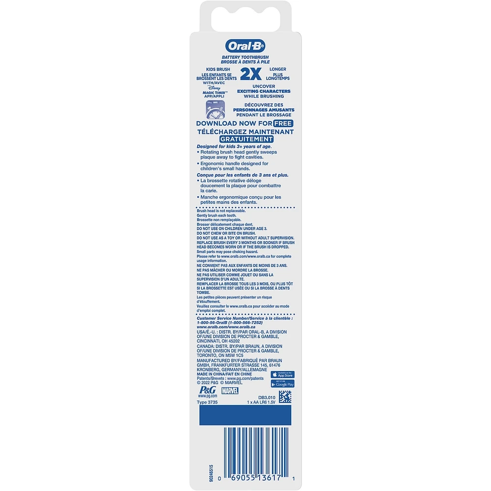 Oral-B Kid's Battery Toothbrush featuring Marvel's Spiderman, Soft Bristles, for Kids 3+