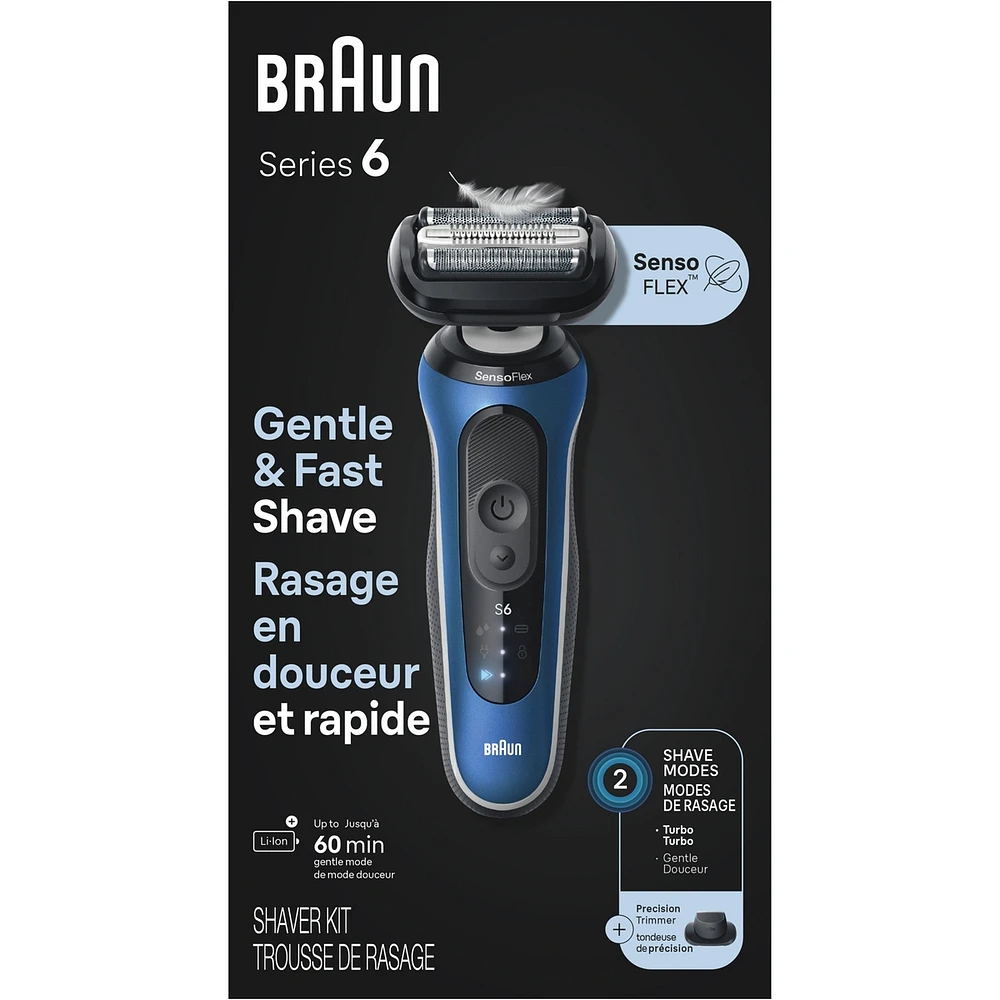 Electric Shaver for Men, Series 6 6120s, Wet & Dry Shave, Turbo & Gentle Shaving Modes, Foil Shaver, Engineered in Germany, With Precision Trimmer & Pouch, Blue