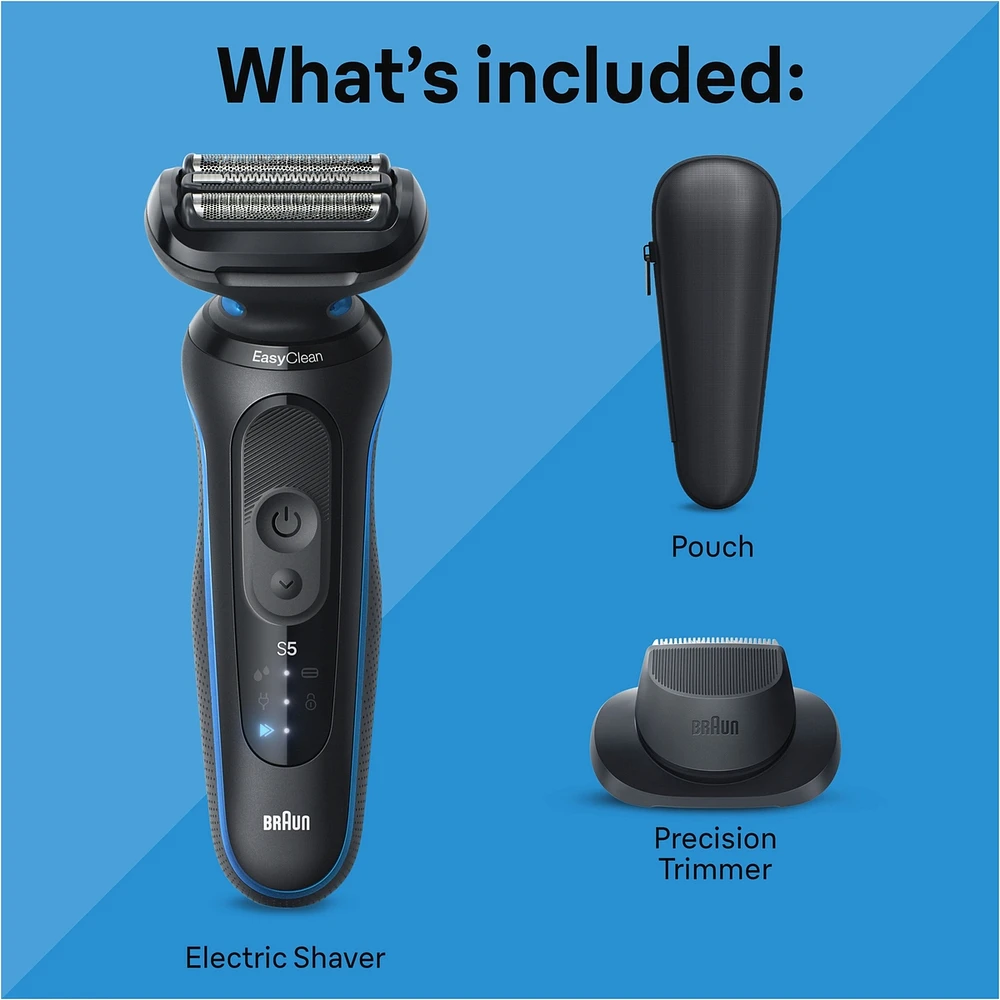 Electric Shaver for Men, Series 5 5118s, Wet & Dry Shave, Turbo Shaving Mode, Foil Shaver, Engineered in Germany, Li-Ion battery up to 50 min, with Precision Trimmer, Blue