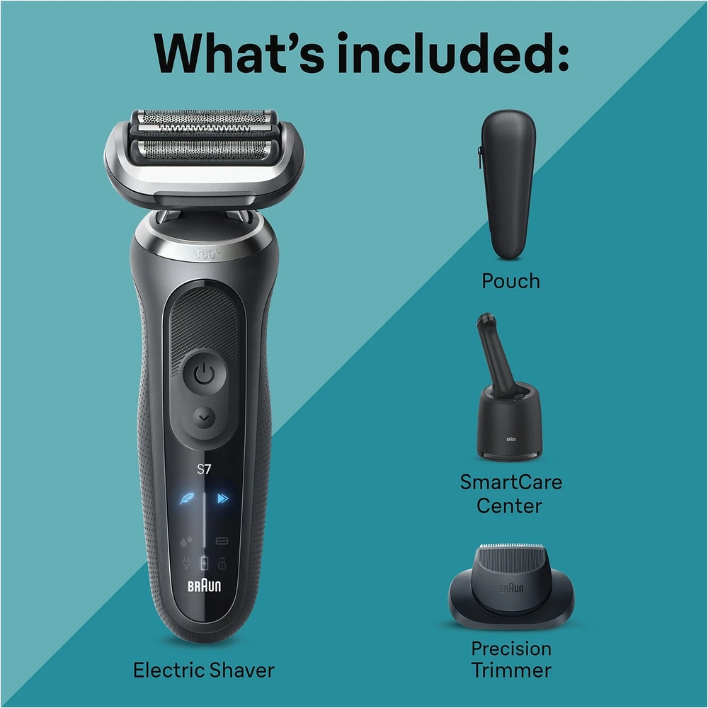 Electric Shaver for Men, Series 7 7171cc, Wet & Dry Shave, Turbo & Gentle Shaving Modes, Waterproof Foil Shaver, Engineered in Germany, Clean & Charge SmartCare Center included, with Precision Trimmer, Space Grey
