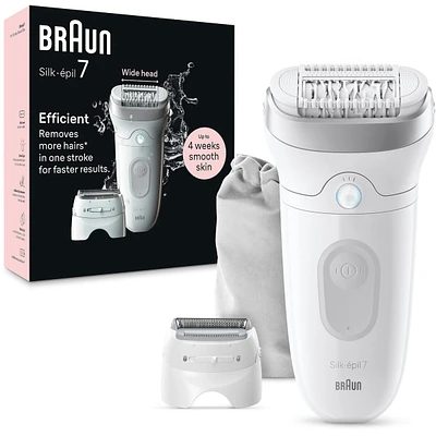 Silk-épil 7 Epilator, Wet and Dry, Wide Head, Includes Shaver Head and Trimmer Comb, SE7-041, Silver