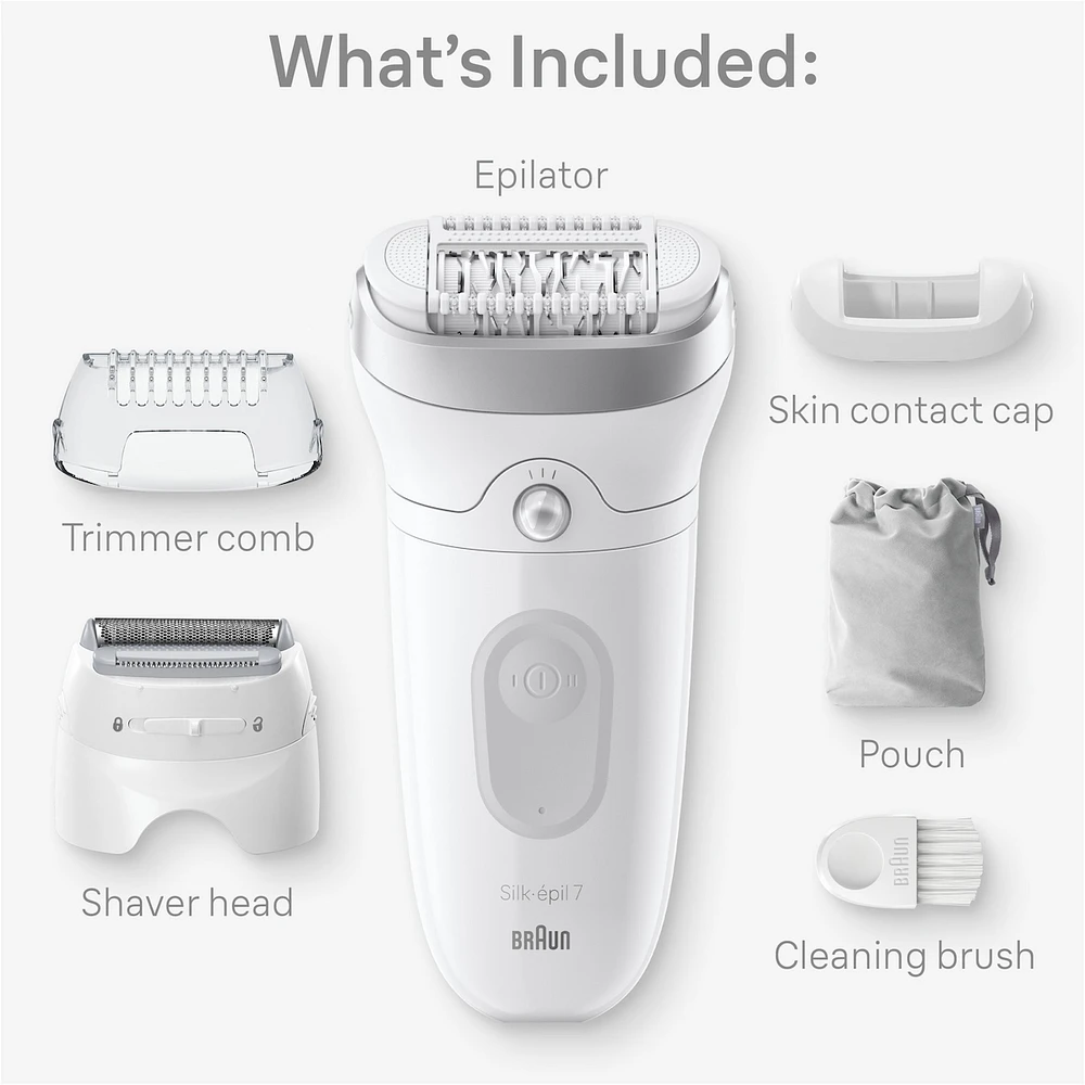 Silk-épil 7 Epilator, Wet and Dry, Wide Head, Includes Shaver Head and Trimmer Comb, SE7-041, Silver
