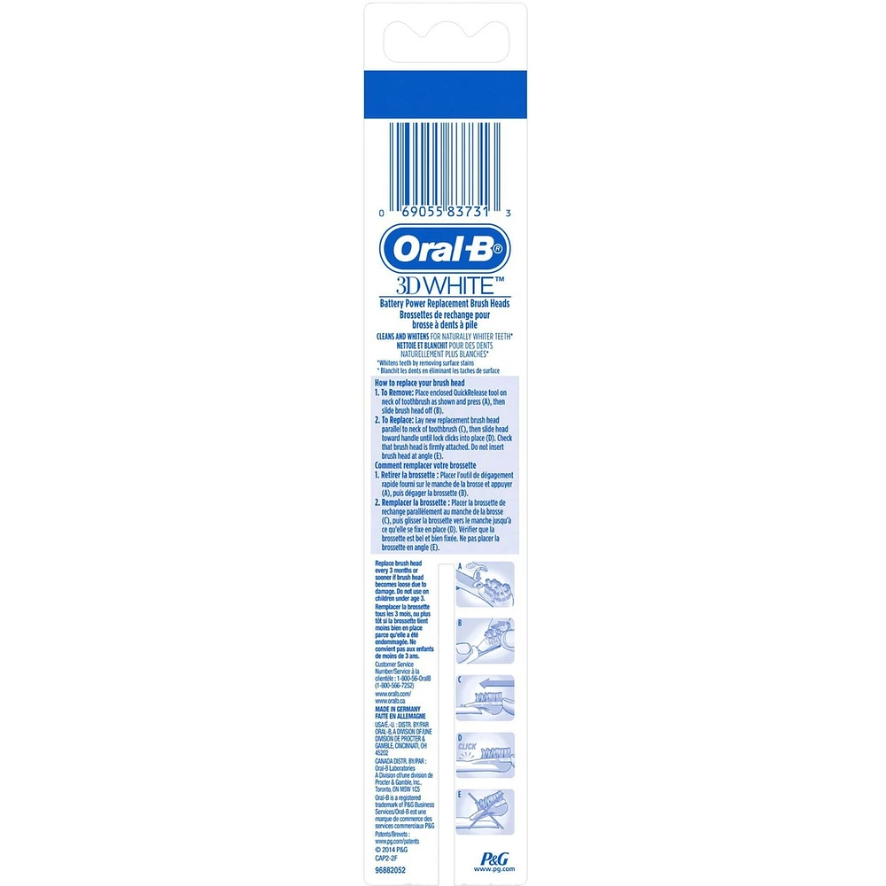 Oral-B 3D White Battery Power Toothbrush Replacement Heads, 2 Count