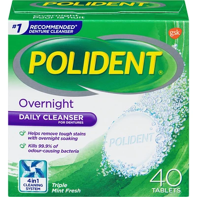 Polident Overnight Daily Denture Cleanser Triple Mint Fresh 40 tabs