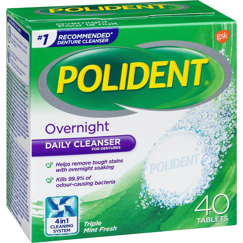 Polident Overnight Daily Denture Cleanser Triple Mint Fresh 40 tabs