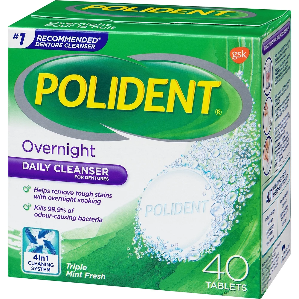 Polident Overnight Daily Denture Cleanser Triple Mint Fresh 40 tabs