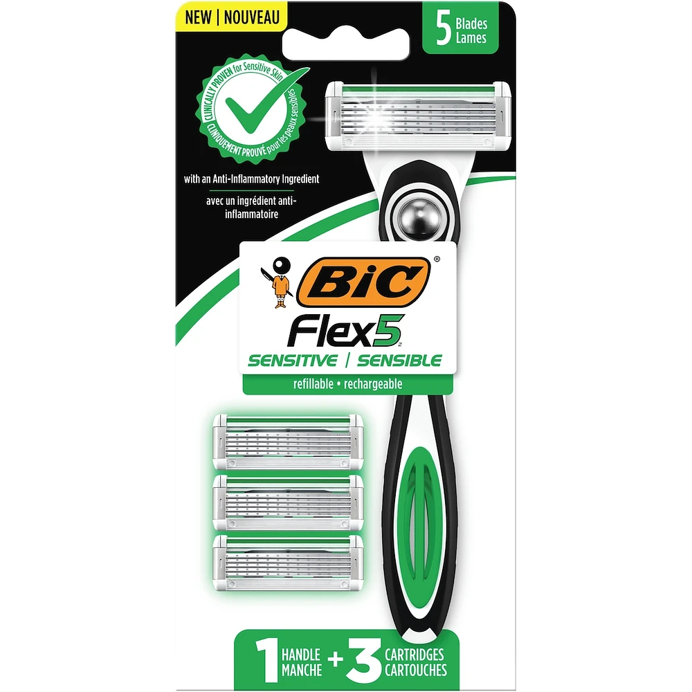 BIC Flex 5 Sensitive Men's Refillable 5-Blade Razors, Comfortable Shave, 1 Handle and 3 Cartridges