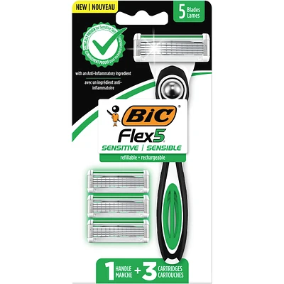 BIC Flex 5 Sensitive Men's Refillable 5-Blade Razors, Comfortable Shave, 1 Handle and 3 Cartridges