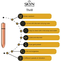 SKYN Thrill Personal Massager - Compact, Discreet, Vibrating Bullet Massager - Rose Gold Plating - Rechargeable, Water Resistant and Latex-Free, 3 speeds varying from gentle to intense.