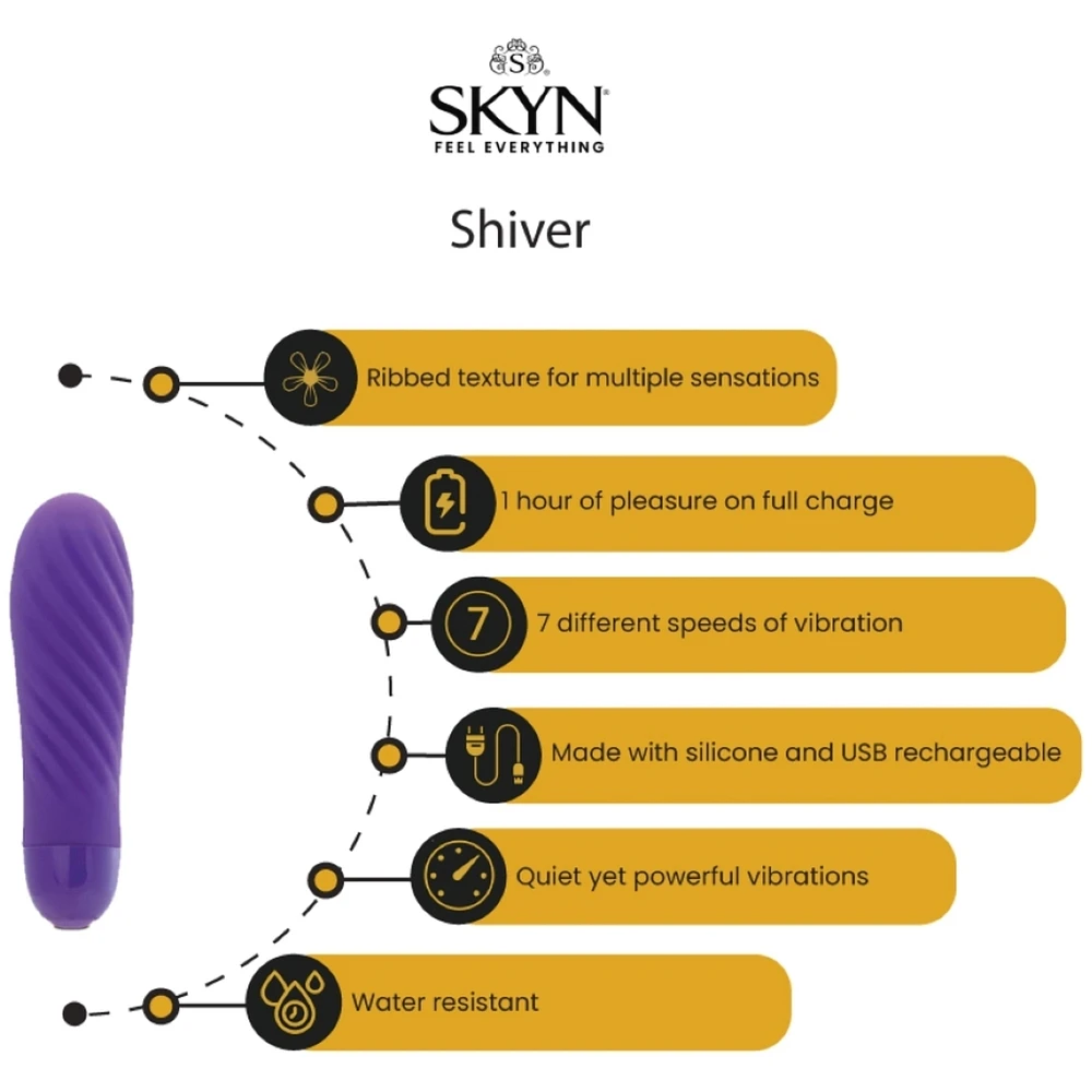 SKYN Shiver Personal Vibrator - Quiet, Discreet, Premium Ribbed Bullet Massager - Water Resistant, Rechargeable and Latex-Free, 7 vibrating speeds