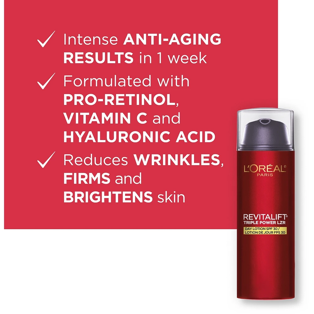 Anti-Aging Day Lotion SPF 30 with Pro-Retinol, Vitamin C + Hyaluronic Acid, Revitalift Triple Power LZR