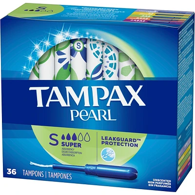 Tampax Pearl Tampons Super Absorbency with LeakGuard Braid, Unscented, 36 Count
