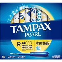Tampax Pearl Tampons Regular Absorbency with LeakGuard Braid, Unscented, 36 Count