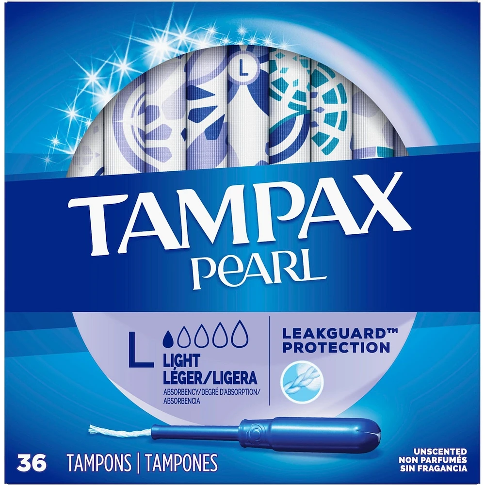 Tampax Pearl Tampons, Light Absorbency with LeakGuard Braid, Unscented, 36 Count