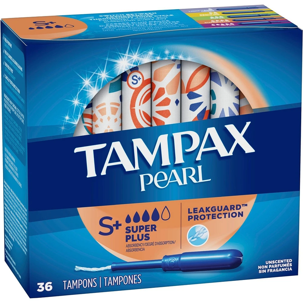 Tampax Pearl Tampons Super Plus Absorbency with LeakGuard Braid, Unscented, 36 Count