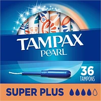 Tampax Pearl Tampons Super Plus Absorbency with LeakGuard Braid, Unscented, 36 Count