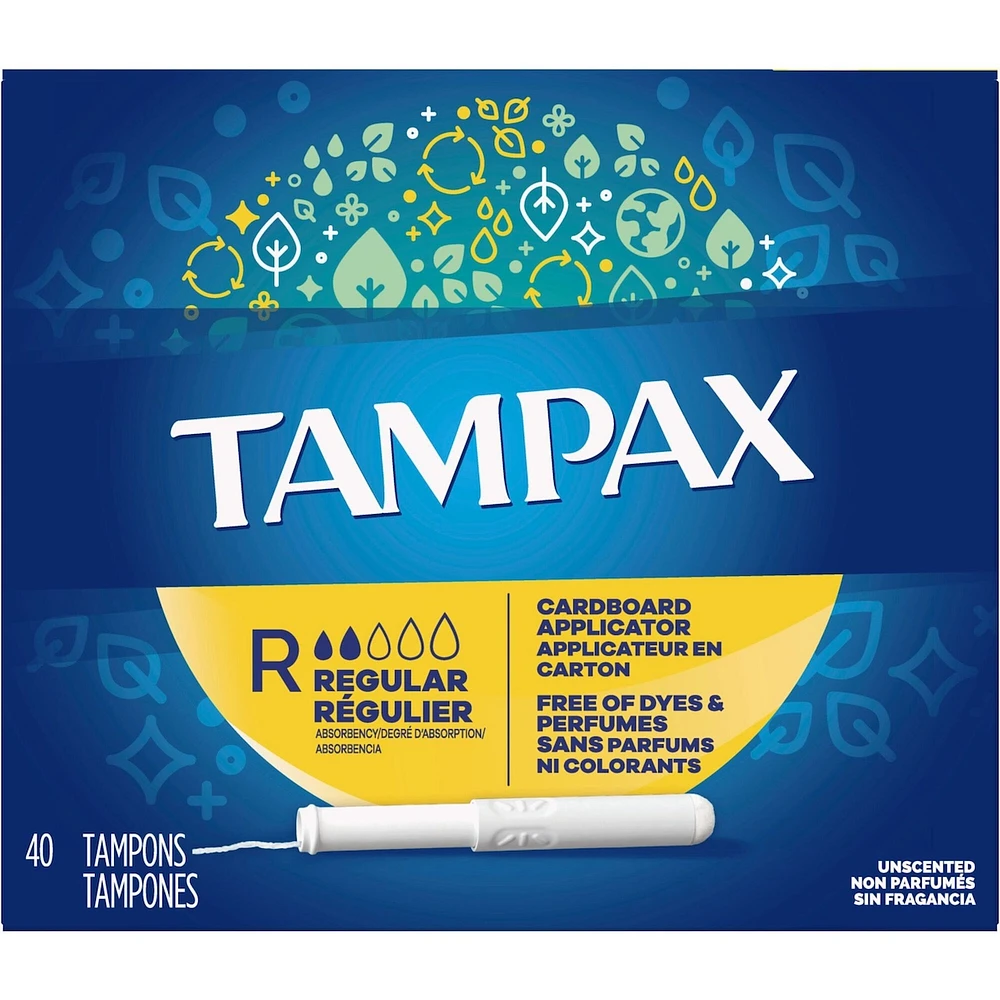 Tampax Cardboard Tampons Regular Absorbency, Anti-Slip Grip, LeakGuard Skirt, Unscented, 40 Count