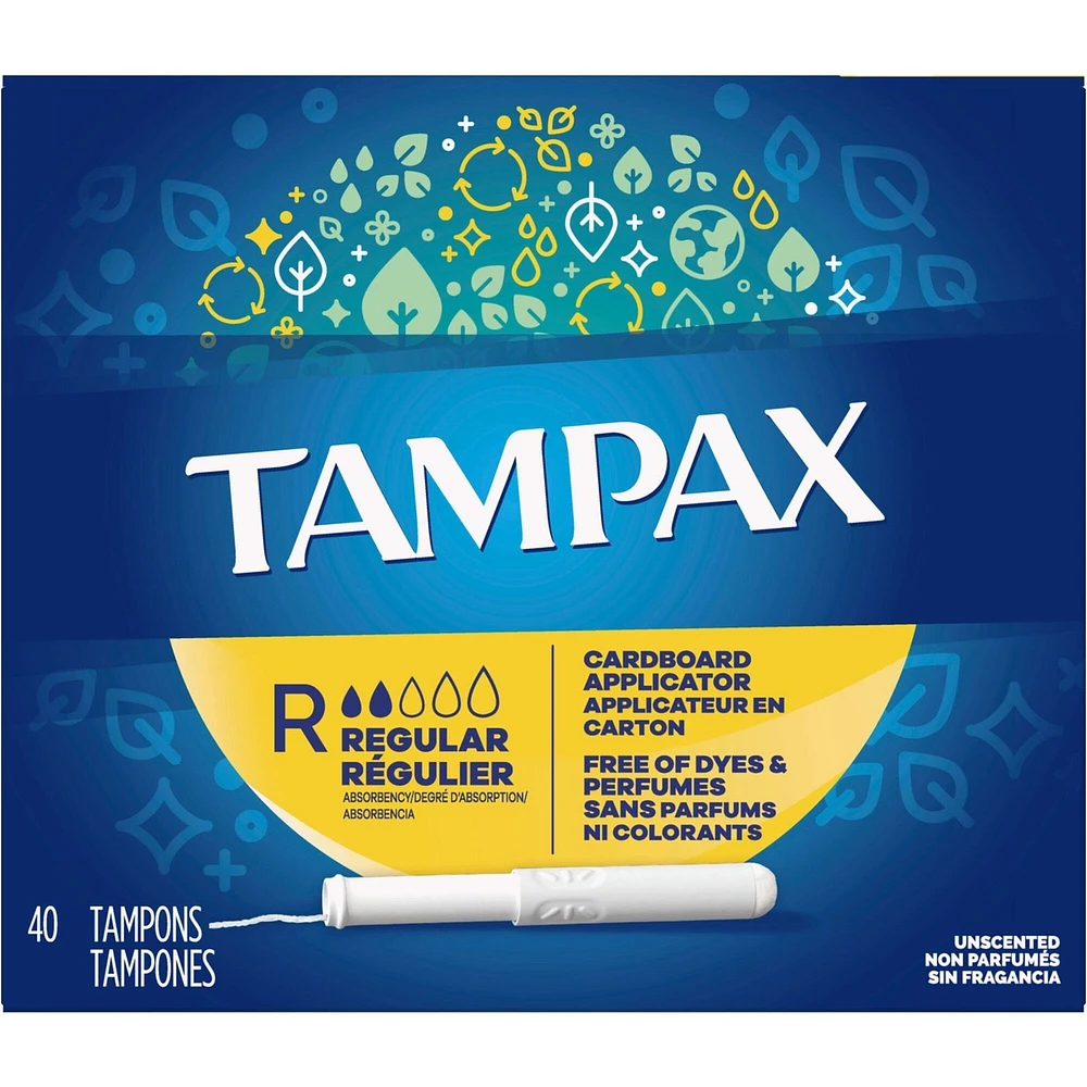 Tampax Cardboard Tampons Regular Absorbency, Anti-Slip Grip, LeakGuard Skirt, Unscented, 40 Count