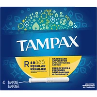 Tampax Cardboard Tampons Regular Absorbency, Anti-Slip Grip, LeakGuard Skirt, Unscented, 40 Count