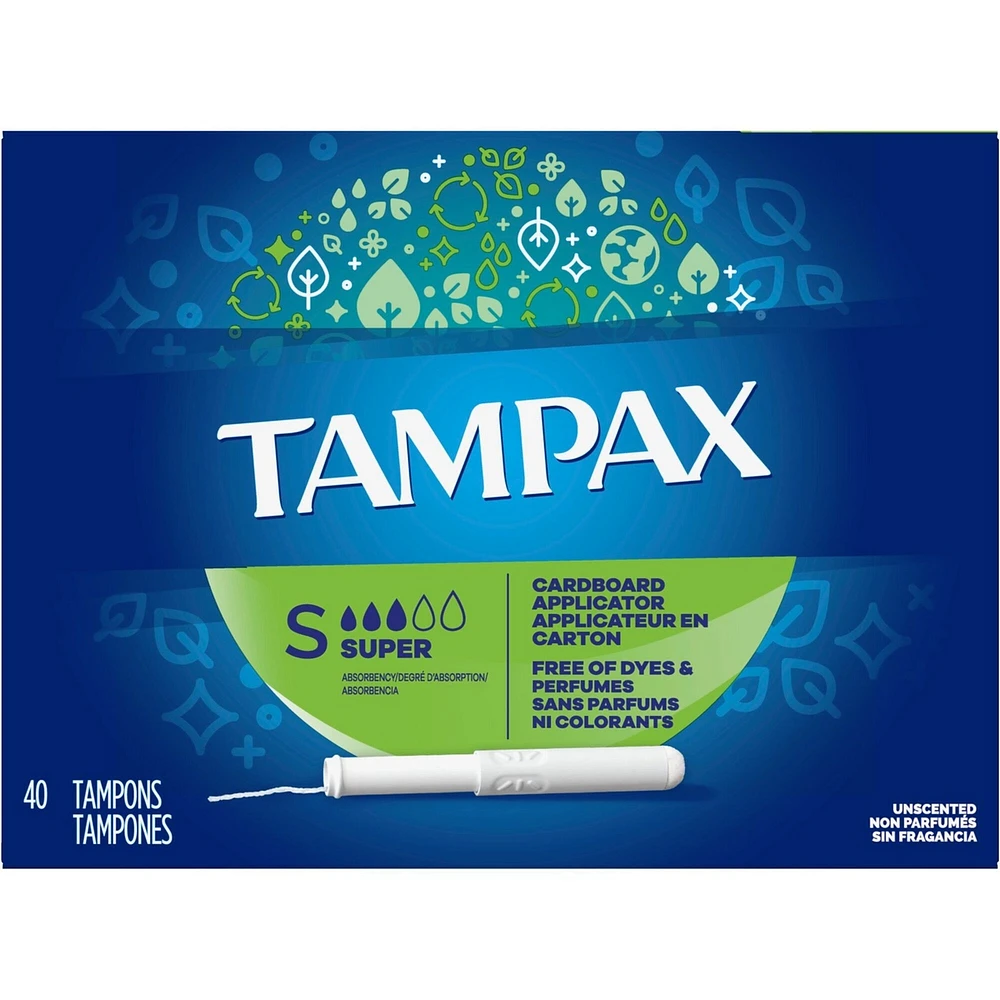 Tampax Cardboard Tampons Super Absorbency, Anti-Slip Grip, LeakGuard Skirt, Unscented, 40 Count