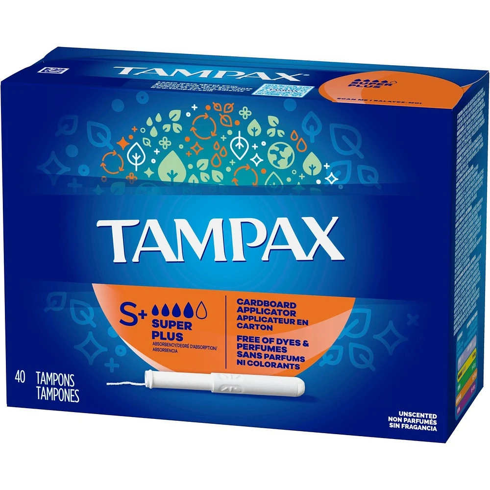 Tampax Cardboard Tampons Super Plus Absorbency, Anti-Slip Grip, LeakGuard Skirt, Unscented, 40 Count