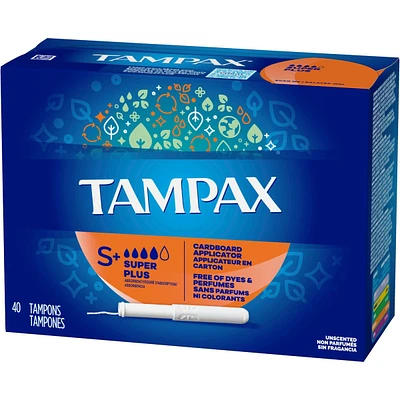 Tampax Cardboard Tampons Super Plus Absorbency, Anti-Slip Grip, LeakGuard Skirt, Unscented, 40 Count