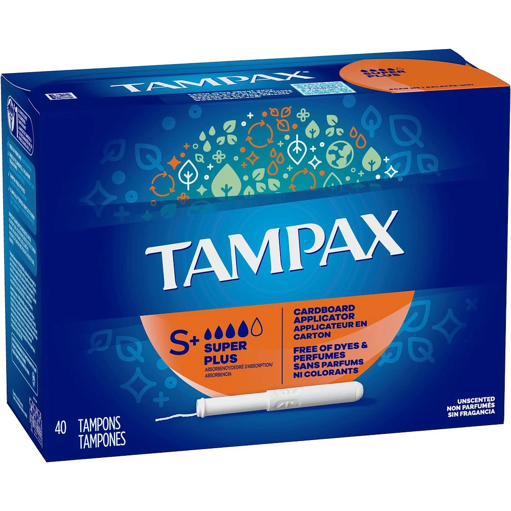 Tampax Cardboard Tampons Super Plus Absorbency, Anti-Slip Grip, LeakGuard Skirt, Unscented, 40 Count