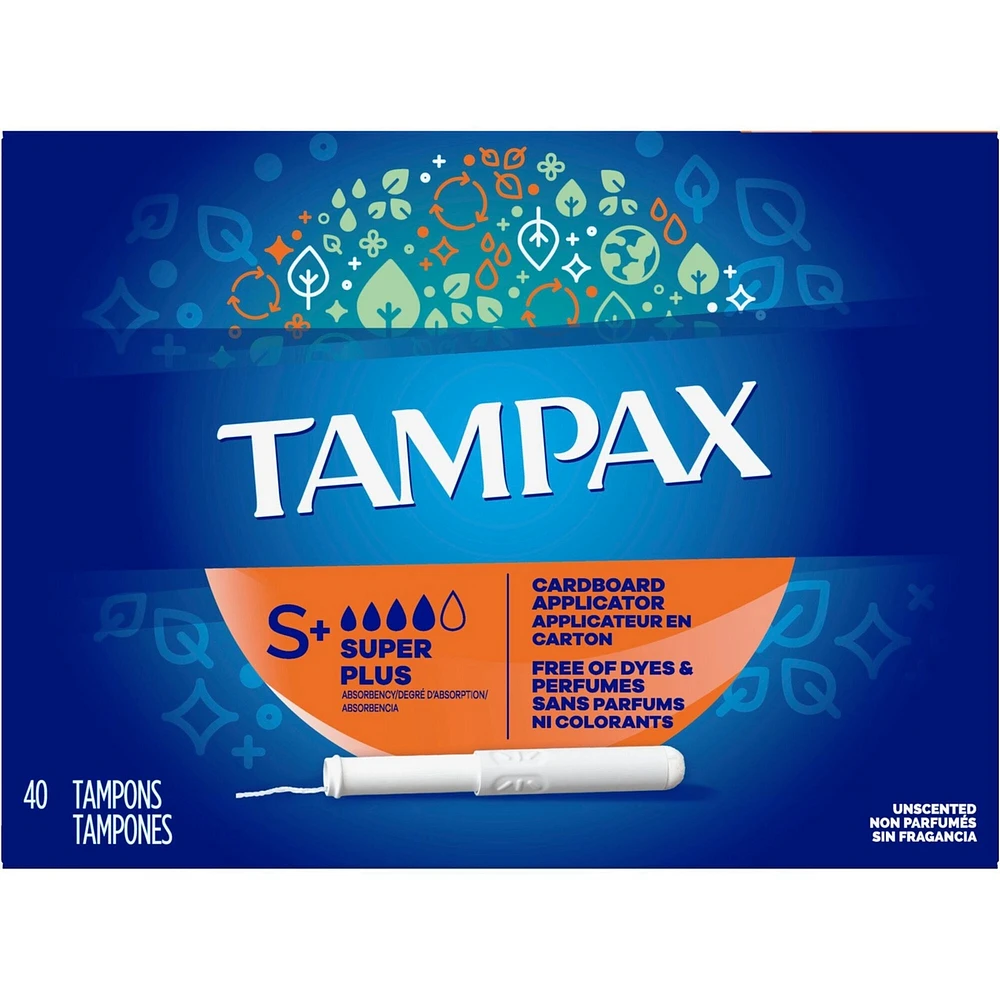Tampax Cardboard Tampons Super Plus Absorbency, Anti-Slip Grip, LeakGuard Skirt, Unscented, 40 Count