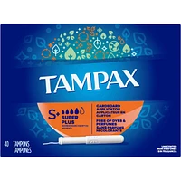 Tampax Cardboard Tampons Super Plus Absorbency, Anti-Slip Grip, LeakGuard Skirt, Unscented, 40 Count