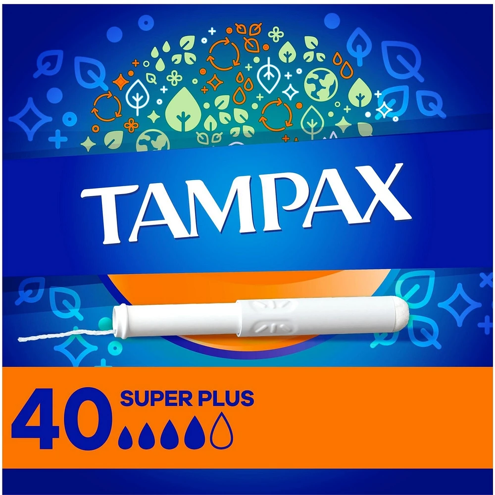 Tampax Cardboard Tampons Super Plus Absorbency, Anti-Slip Grip, LeakGuard Skirt, Unscented, 40 Count