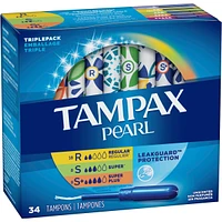 Tampax Pearl Tampons, Regular/Super/Super Plus Absorbency with LeakGuard Braid, Triple Pack, Unscented, 34 Count