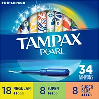 Tampax Pearl Tampons, Regular/Super/Super Plus Absorbency with LeakGuard Braid, Triple Pack, Unscented, 34 Count
