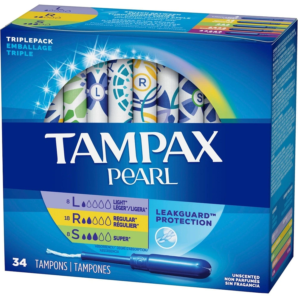 Tampax Pearl Tampons, Light/Regular/Super Absorbency with LeakGuard Braid, Triple Pack, Unscented, 34 Count
