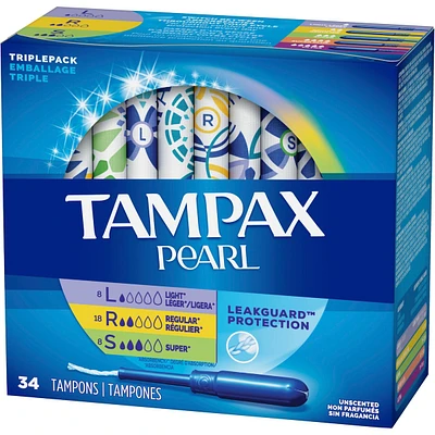 Tampax Pearl Tampons, Light/Regular/Super Absorbency with LeakGuard Braid, Triple Pack, Unscented, 34 Count