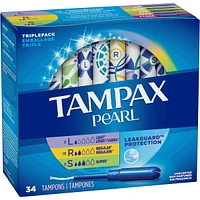 Tampax Pearl Tampons, Light/Regular/Super Absorbency with LeakGuard Braid, Triple Pack, Unscented, 34 Count