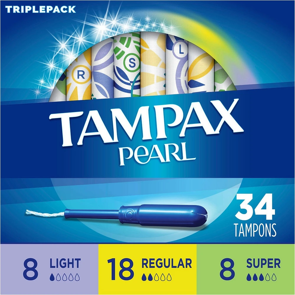 Tampax Pearl Tampons, Light/Regular/Super Absorbency with LeakGuard Braid, Triple Pack, Unscented, 34 Count