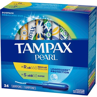 Tampax Pearl Tampons, Regular/Super Absorbency with LeakGuard Braid, Duo Pack, Unscented, 34 Count