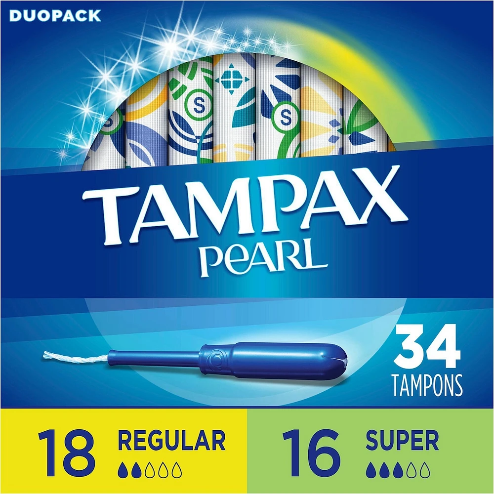Tampax Pearl Tampons, Regular/Super Absorbency with LeakGuard Braid, Duo Pack, Unscented, 34 Count