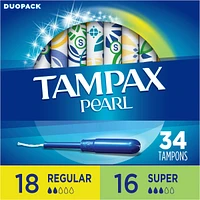 Tampax Pearl Tampons, Regular/Super Absorbency with LeakGuard Braid, Duo Pack, Unscented, 34 Count