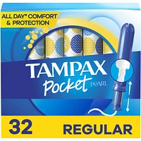 Pocket Pearl Compact Tampons Regular Absorbency with BPA-Free Plastic Applicator and LeakGuard Braid, Unscented, 32 Count
