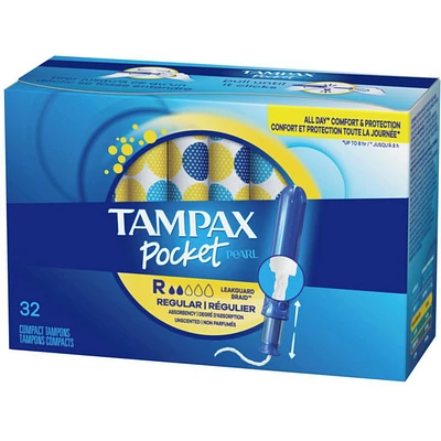Pocket Pearl Compact Tampons Regular Absorbency with BPA-Free Plastic Applicator and LeakGuard Braid, Unscented, 32 Count
