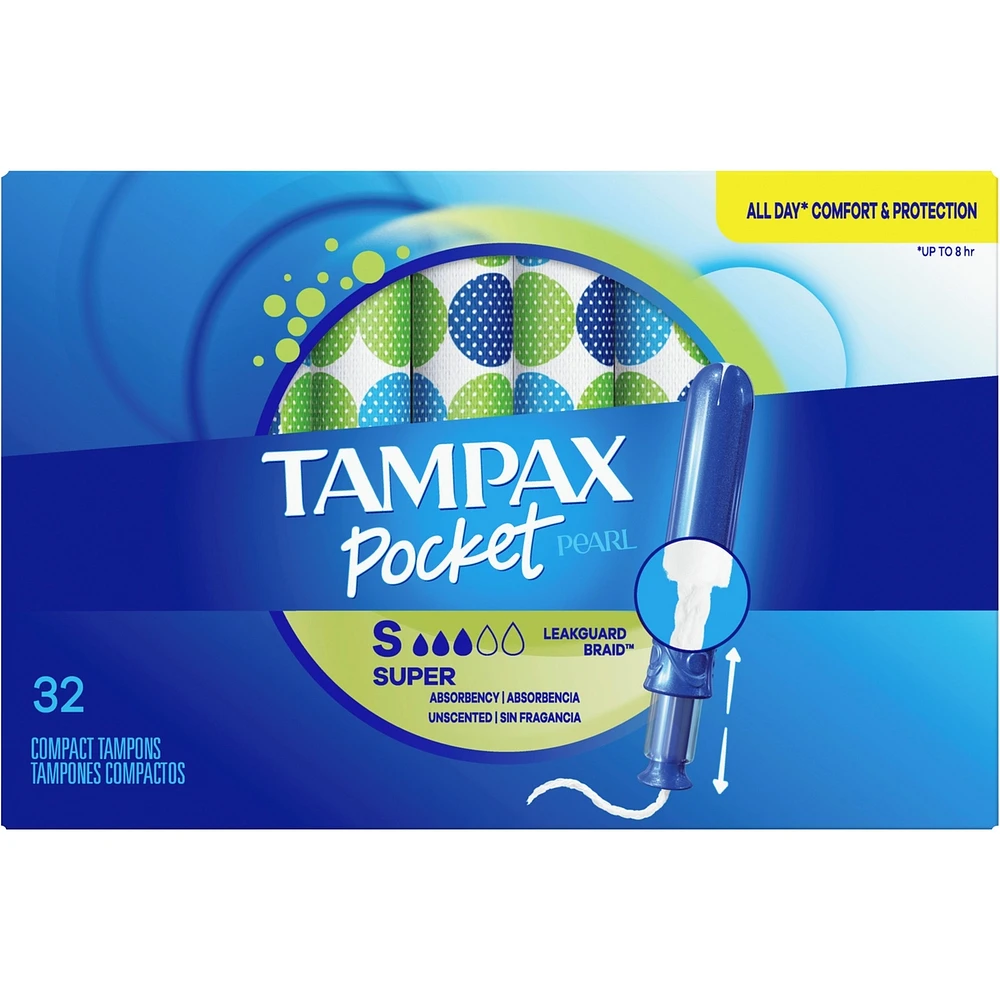 Pocket Pearl Compact Tampons Super Absorbency with BPA-Free Plastic Applicator and LeakGuard Braid, Unscented
