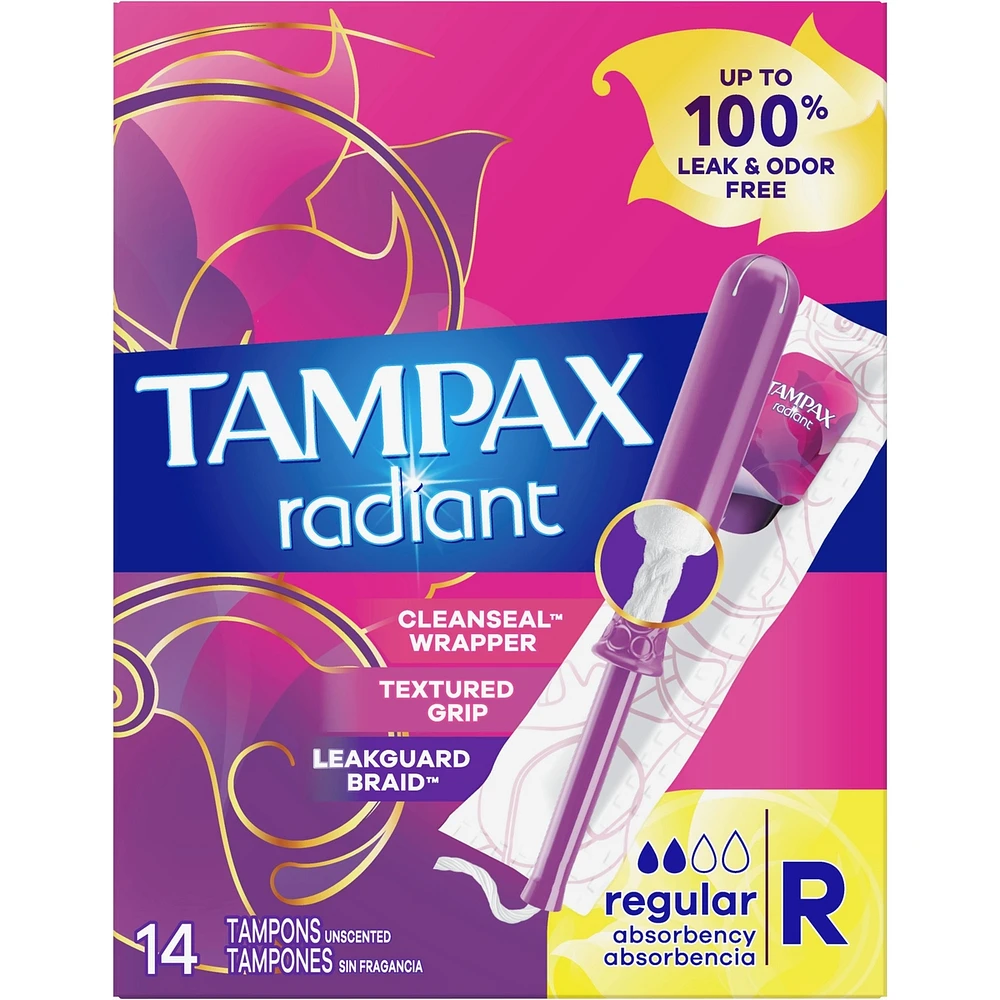 Radiant Tampons Regular Absorbency with BPA-Free Plastic Applicator and LeakGuard Braid, Unscented, 14 Count