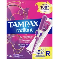 Radiant Tampons Regular Absorbency with BPA-Free Plastic Applicator and LeakGuard Braid, Unscented, 14 Count