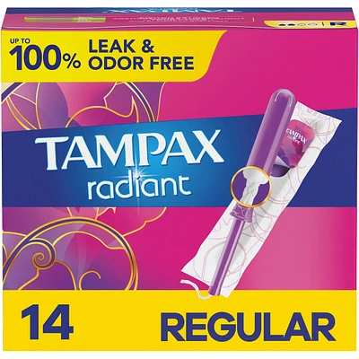 Radiant Tampons Regular Absorbency with BPA-Free Plastic Applicator and LeakGuard Braid, Unscented, 14 Count