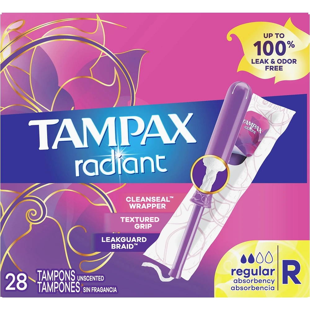 Tampax Radiant Tampons Regular Absorbency with BPA-Free Plastic Applicator and LeakGuard Braid, Unscented, 28 Count