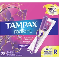 Tampax Radiant Tampons Regular Absorbency with BPA-Free Plastic Applicator and LeakGuard Braid, Unscented, 28 Count