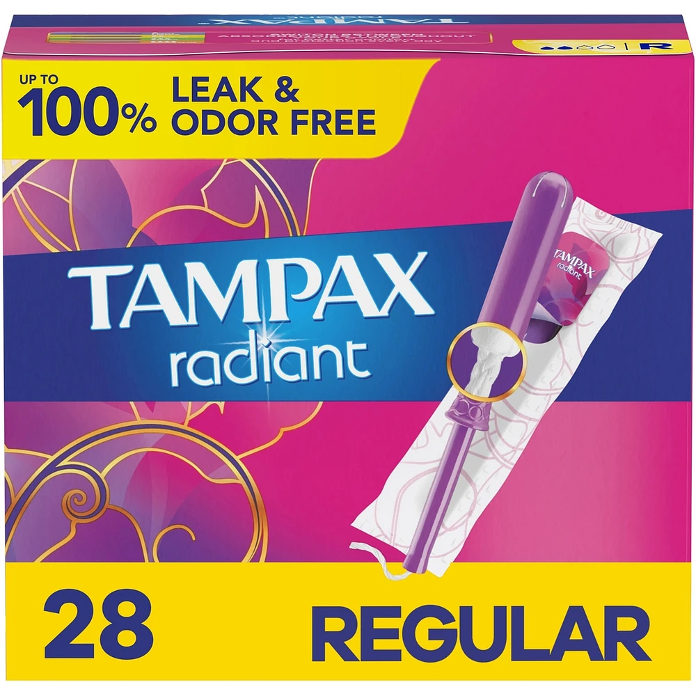 Tampax Radiant Tampons Regular Absorbency with BPA-Free Plastic Applicator and LeakGuard Braid, Unscented, 28 Count