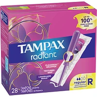 Tampax Radiant Tampons Regular Absorbency with BPA-Free Plastic Applicator and LeakGuard Braid, Unscented, 28 Count