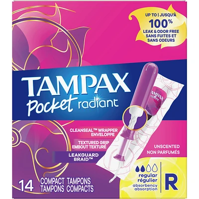 Tampax Pocket Radiant Compact Tampons Regular Absorbency with BPA-Free Plastic Applicator and LeakGuard Braid, Unscented